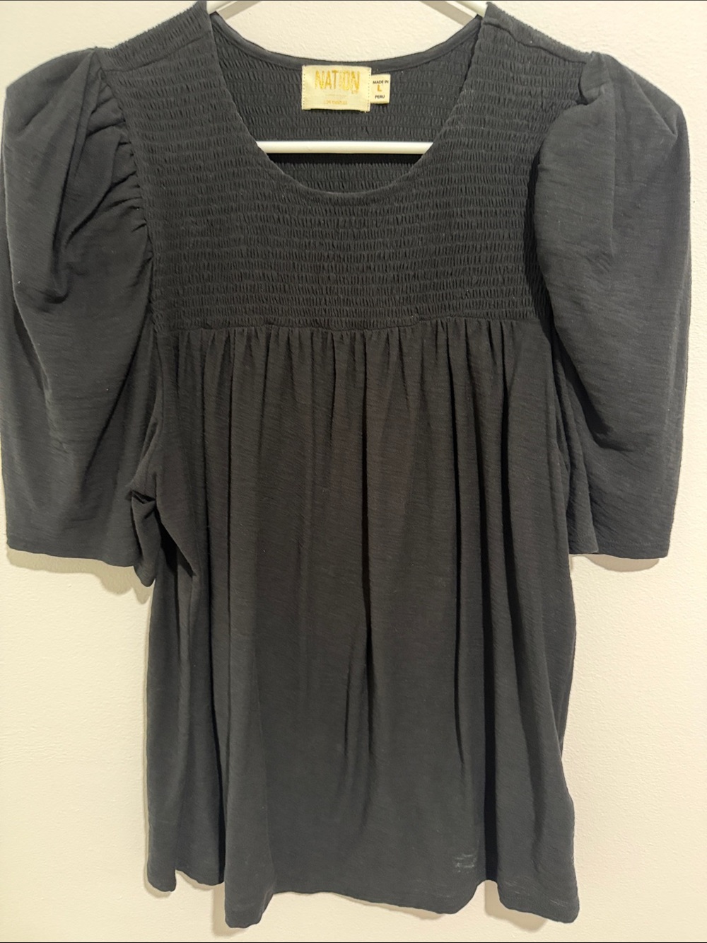 Nation LTD Black Smocked Yoke Puff Sleeve Dress Top